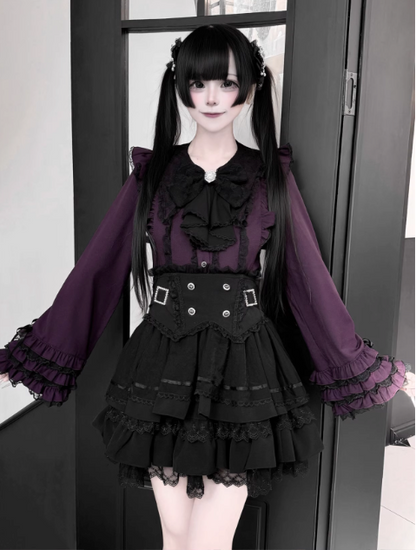 【1月7日予約締切】ジュエルリボンベルスリーブシャツ＋ブラックストライプティアードスカート＋セットアップ