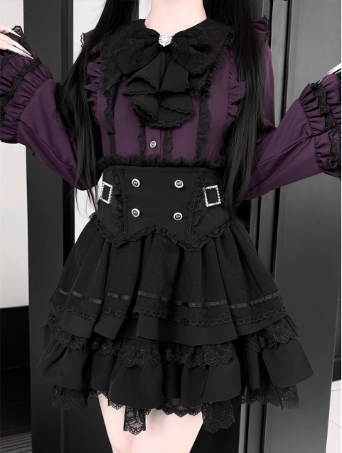 【1月7日予約締切】ジュエルリボンベルスリーブシャツ＋ブラックストライプティアードスカート＋セットアップ