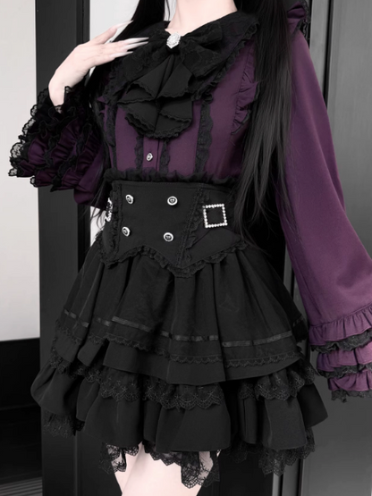 【1月7日予約締切】ジュエルリボンベルスリーブシャツ＋ブラックストライプティアードスカート＋セットアップ