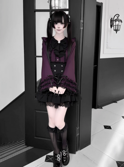 【1月7日予約締切】ジュエルリボンベルスリーブシャツ＋ブラックストライプティアードスカート＋セットアップ