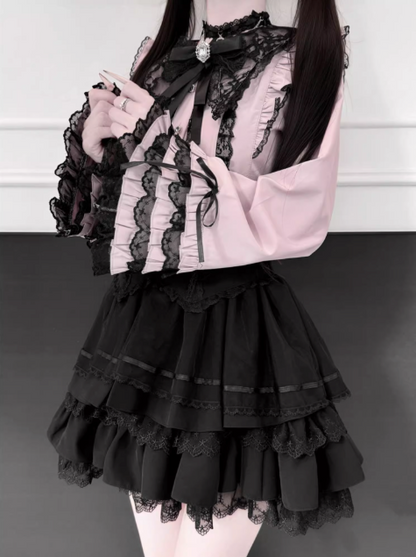 【1月7日予約締切】ジュエルリボンベルスリーブシャツ＋ブラックストライプティアードスカート＋セットアップ