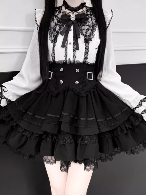 【1月7日予約締切】ジュエルリボンベルスリーブシャツ＋ブラックストライプティアードスカート＋セットアップ