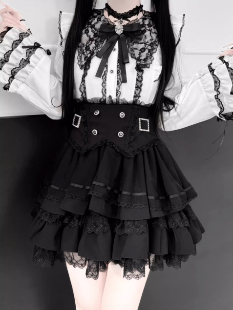 【1月7日予約締切】ジュエルリボンベルスリーブシャツ＋ブラックストライプティアードスカート＋セットアップ