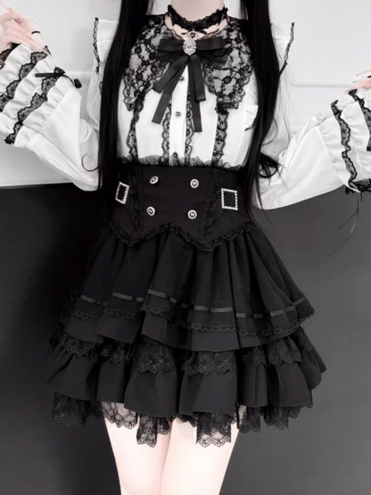 【1月7日予約締切】ジュエルリボンベルスリーブシャツ＋ブラックストライプティアードスカート＋セットアップ