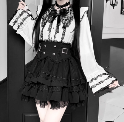 【1月7日予約締切】ジュエルリボンベルスリーブシャツ＋ブラックストライプティアードスカート＋セットアップ