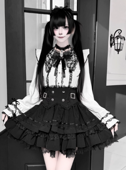 【1月7日予約締切】ジュエルリボンベルスリーブシャツ＋ブラックストライプティアードスカート＋セットアップ