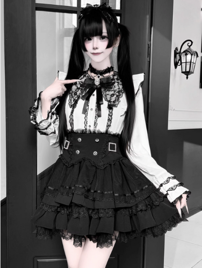 【1月7日予約締切】ジュエルリボンベルスリーブシャツ＋ブラックストライプティアードスカート＋セットアップ