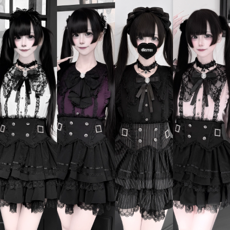 【1月7日予約締切】ジュエルリボンベルスリーブシャツ＋ブラックストライプティアードスカート＋セットアップ