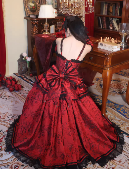 [Date limite de réservation 8 janvier] Set Complet avec Accessoires de Robe Bustier Jacquard Gothic Sombre à Longue Traîne