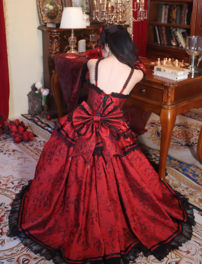 [Date limite de réservation 8 janvier] Set Complet avec Accessoires de Robe Bustier Jacquard Gothic Sombre à Longue Traîne