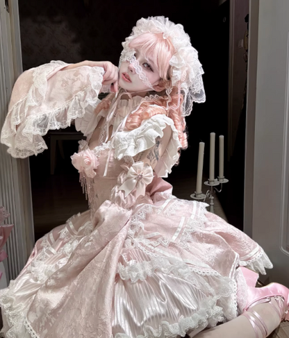[Date limite de réservation 8 janvier] Set Complet avec Accessoires de Robe Bustier Jacquard Gothic Sombre à Longue Traîne