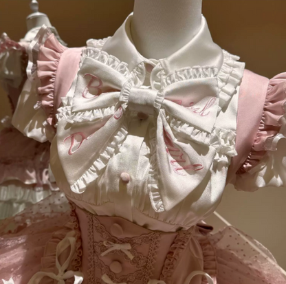【5月12日予約締切】ピンクホワイトスイートロリータアイドルリボンパフスリーブシャツ＋コルセットチュールプルアップJKSドレスセットアップ