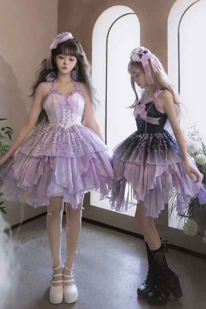 [Pre-order Deadline: June 18] Wisteria Purple Gradient Fairy Lolita Bow Layered JSK Dress + Full Set (Dress + Flower Hat)