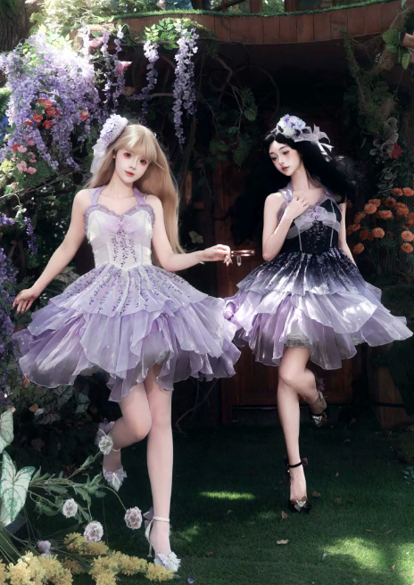 [Pre-order Deadline: June 18] Wisteria Purple Gradient Fairy Lolita Bow Layered JSK Dress + Full Set (Dress + Flower Hat)