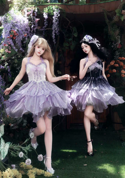 [Pre-order Deadline: June 18] Wisteria Purple Gradient Fairy Lolita Bow Layered JSK Dress + Full Set (Dress + Flower Hat)