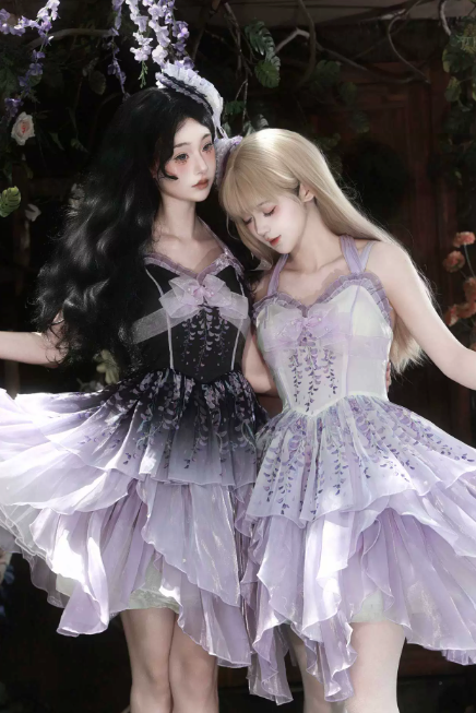 [Pre-order Deadline: June 18] Wisteria Purple Gradient Fairy Lolita Bow Layered JSK Dress + Full Set (Dress + Flower Hat)