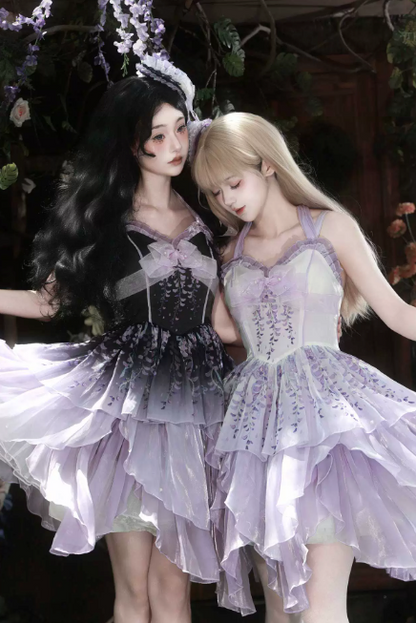 [Pre-order Deadline: June 18] Wisteria Purple Gradient Fairy Lolita Bow Layered JSK Dress + Full Set (Dress + Flower Hat)