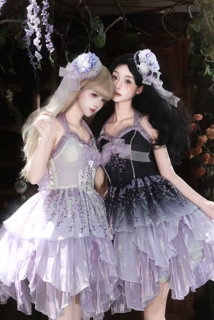 [Pre-order Deadline: June 18] Wisteria Purple Gradient Fairy Lolita Bow Layered JSK Dress + Full Set (Dress + Flower Hat)
