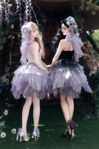 [Pre-order Deadline: June 18] Wisteria Purple Gradient Fairy Lolita Bow Layered JSK Dress + Full Set (Dress + Flower Hat)