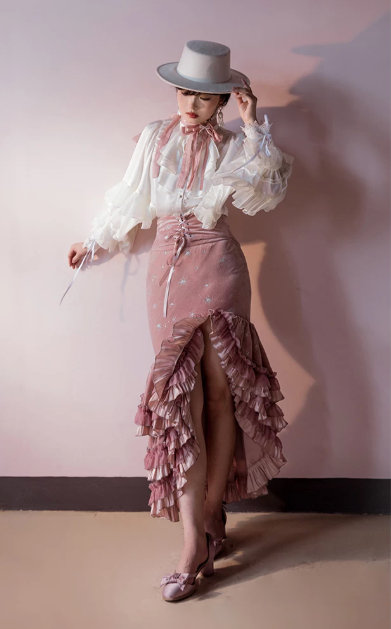 [Reservierungsschluss 1. Juni] Dunkelblau/rosa Atlantis Dark-Fantasy-Lolita-Sternenperlen-Bustierkorsett + prächtiger Rüschen-Meerjungfrauenrock