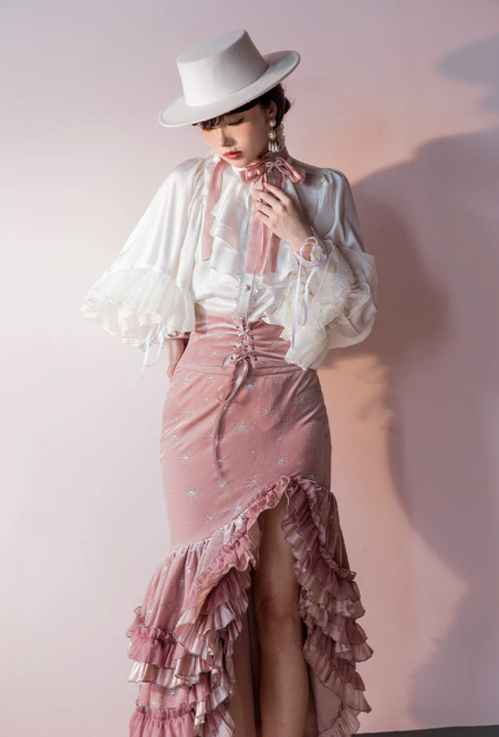 [Reservierungsschluss 1. Juni] Dunkelblau/rosa Atlantis Dark-Fantasy-Lolita-Sternenperlen-Bustierkorsett + prächtiger Rüschen-Meerjungfrauenrock