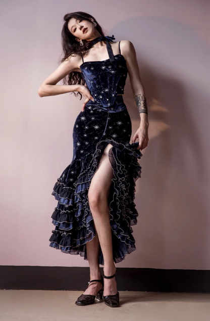 [Reservierungsschluss 1. Juni] Dunkelblau/rosa Atlantis Dark-Fantasy-Lolita-Sternenperlen-Bustierkorsett + prächtiger Rüschen-Meerjungfrauenrock