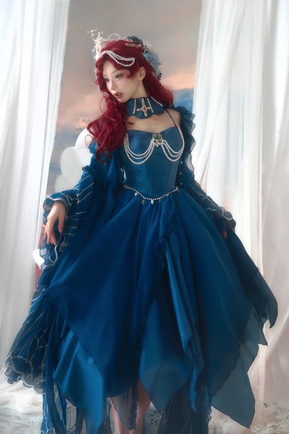 [Reservierungsschluss 1. Juni] Dunkelblau/Pink/Dunkelpetrol Atlantis Dark-Fantasy-Lolita Sternen-Korsett asymmetrisches Bustier-JKS-Kleid