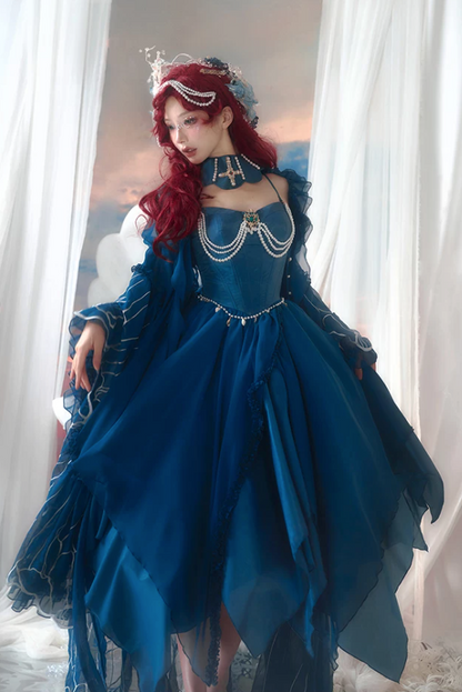 [Reservierungsschluss 1. Juni] Dunkelblau/Pink/Dunkelpetrol Atlantis Dark-Fantasy-Lolita Sternen-Korsett asymmetrisches Bustier-JKS-Kleid