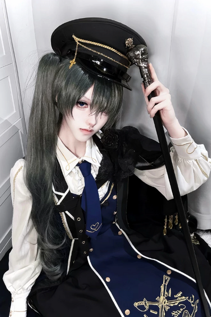 【6月28日予約締切】レッドブラック/ブルーブラックダークロリータゴールドエンブロイダリーテーラーカラーJKSドレス＋ネクタイ＋ウエストバッグ付きベルト