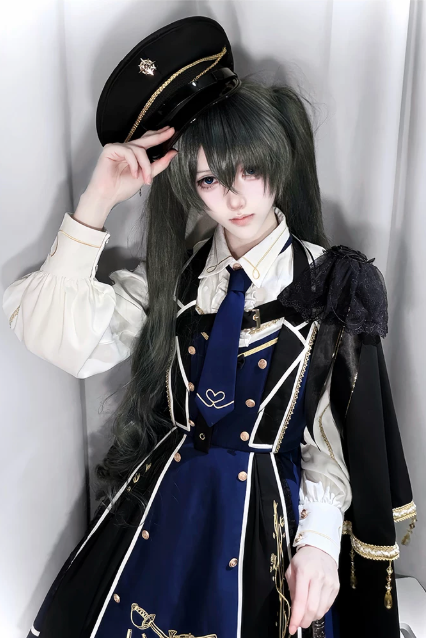 【6月28日予約締切】レッドブラック/ブルーブラックダークロリータゴールドエンブロイダリーテーラーカラーJKSドレス＋ネクタイ＋ウエストバッグ付きベルト