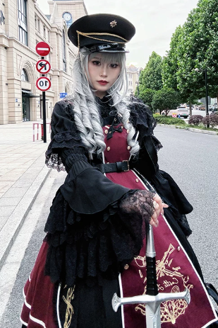 【6月28日予約締切】レッドブラック/ブルーブラックダークロリータゴールドエンブロイダリーテーラーカラーJKSドレス＋ネクタイ＋ウエストバッグ付きベルト