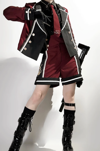 【6月28日予約締切】レッドブラック/ブルーブラックダークプリンスロリータジャケット＋ショートパンツ＋ネクタイ＋ウエストバッグ付きベルト
