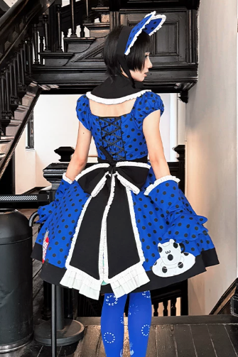 【8月18日予約締切】ダークブルー×ブラックドット猫カフェテイストメイドロリータドレス（エプロン付き）＋コンプリートセット