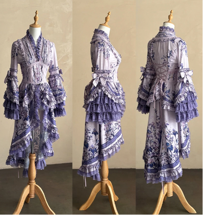【9月13日予約締切】Purple Floral Print High-Low Hem Gothic Lolita Bell Sleeve Layered Ruffle Dress Top
