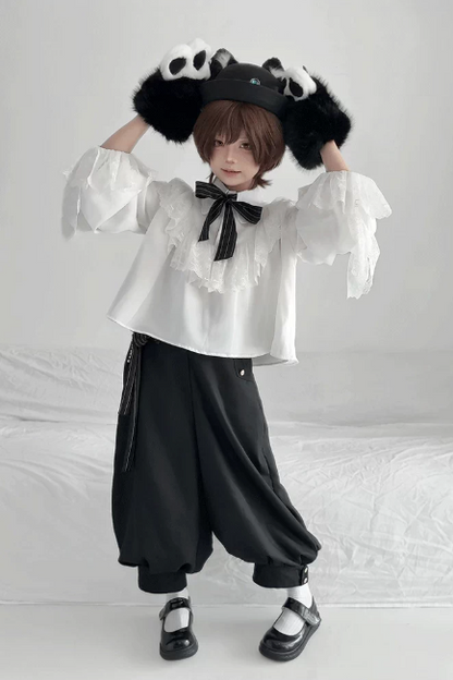 [Pre-order Deadline: September 28] Black Cat Ear Jewel Hat + Black and White Plush Cat Claw Paw Gloves