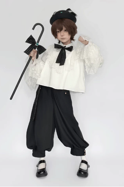 [Pre-order Deadline: September 28] Prince Lolita White Lace Ruffle Shirt + Long Balloon Pants (with Black Stripe Bow Tie + Waist Ribbon Accessory)