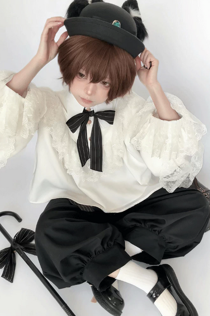 [Pre-order Deadline: September 28] Black Cat Ear Jewel Hat + Black and White Plush Cat Claw Paw Gloves