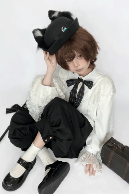 [Pre-order Deadline: September 28] Black Cat Ear Jewel Hat + Black and White Plush Cat Claw Paw Gloves