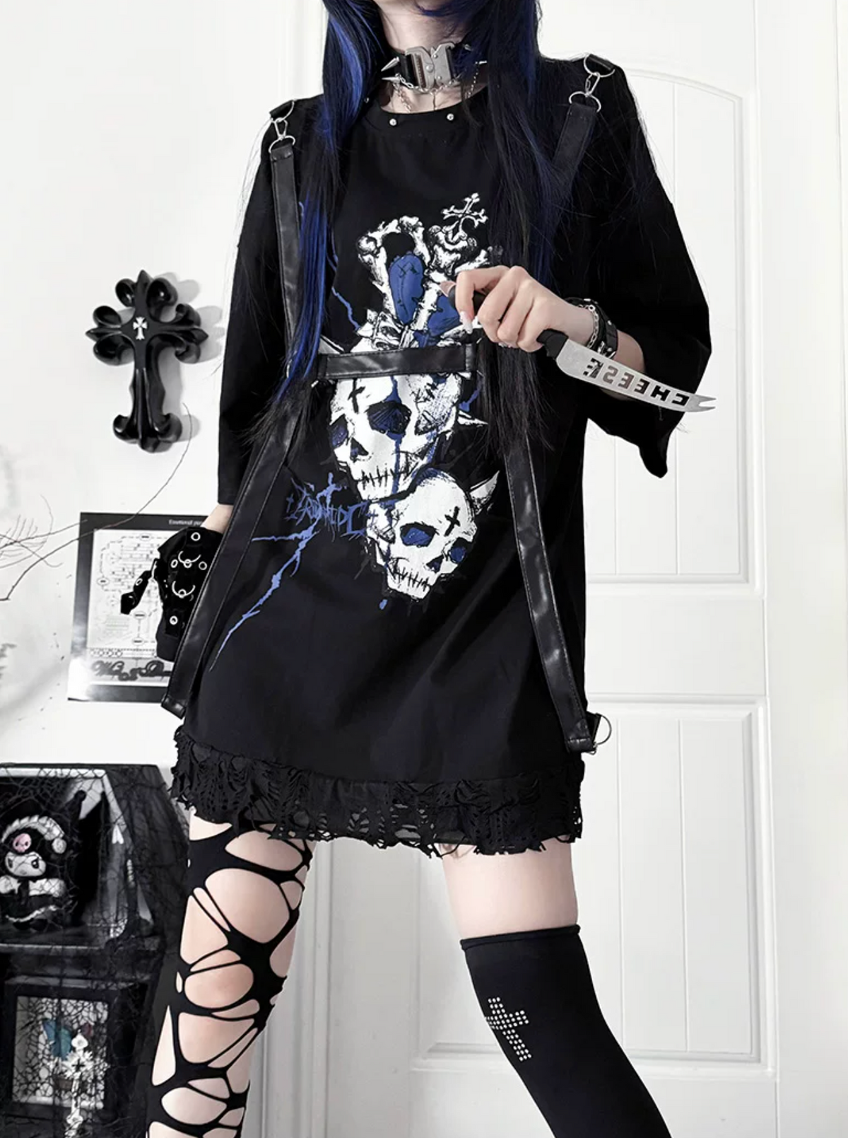Loose Short-Sleeve Belted Patchwork T-Shirt