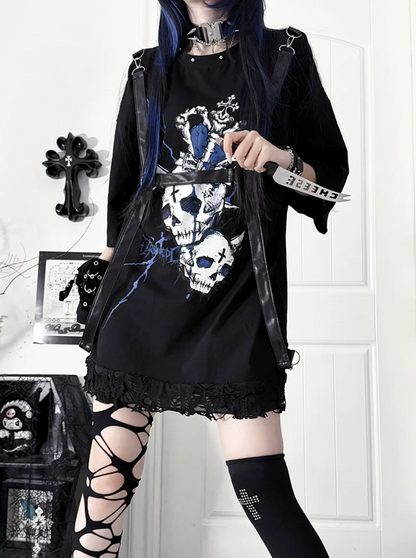 Loose Short-Sleeve Belted Patchwork T-Shirt