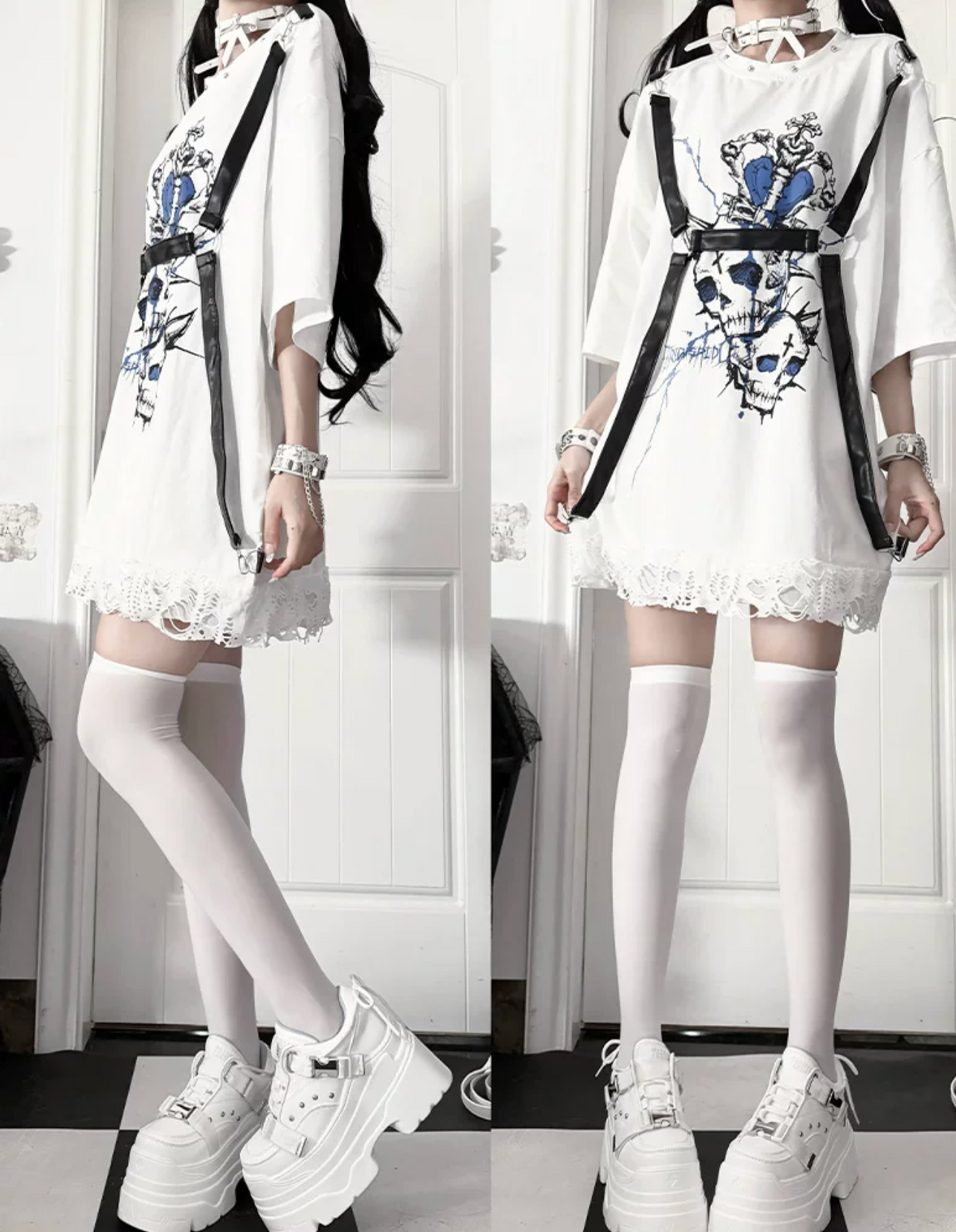 Loose Short-Sleeve Belted Patchwork T-Shirt