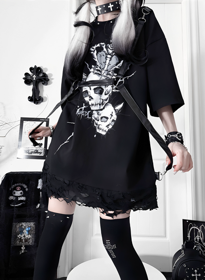 Loose Short-Sleeve Belted Patchwork T-Shirt