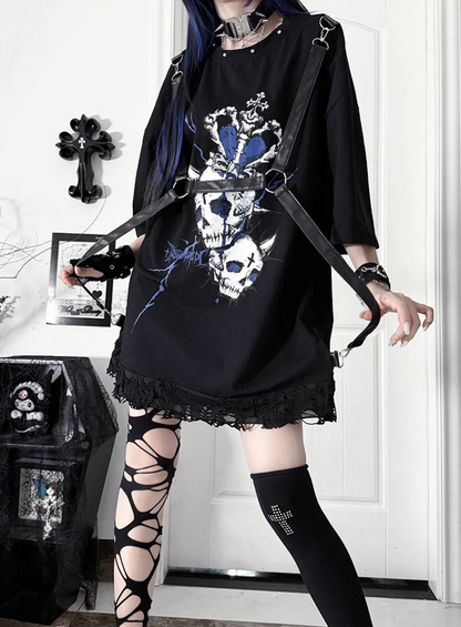Loose Short-Sleeve Belted Patchwork T-Shirt