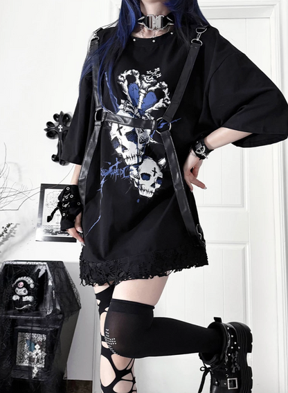Loose Short-Sleeve Belted Patchwork T-Shirt