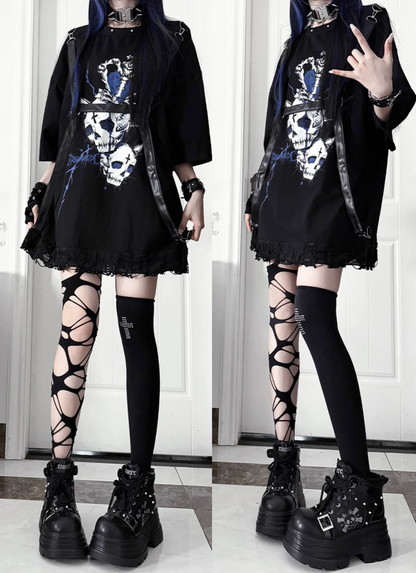 Loose Short-Sleeve Belted Patchwork T-Shirt
