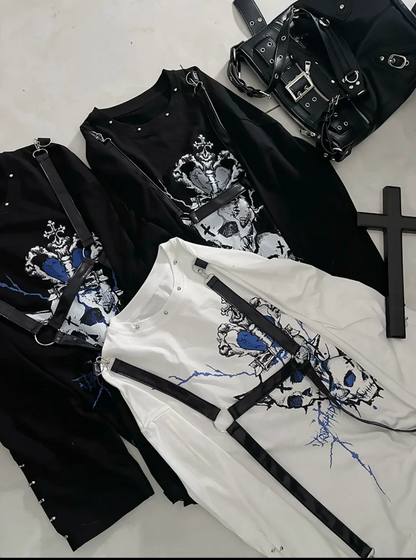 Belt Spliced Subculture Print Long-Sleeve T-Shirt
