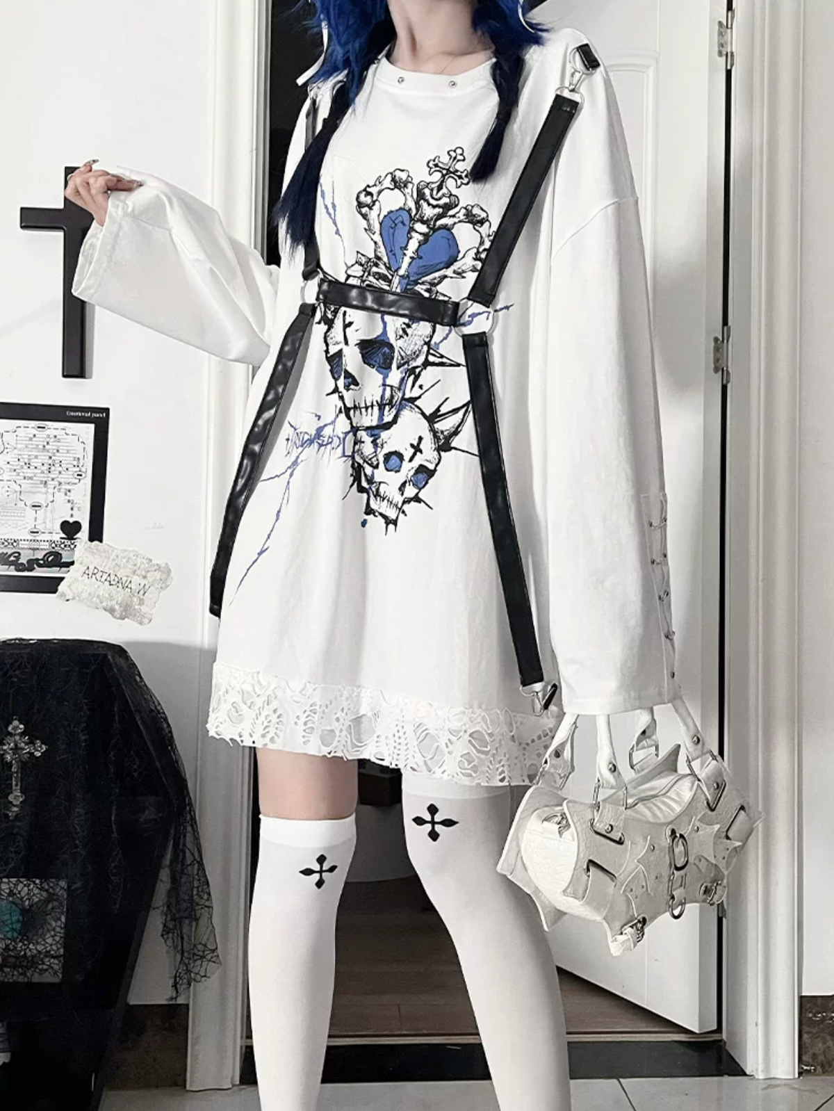 Belt Spliced Subculture Print Long-Sleeve T-Shirt