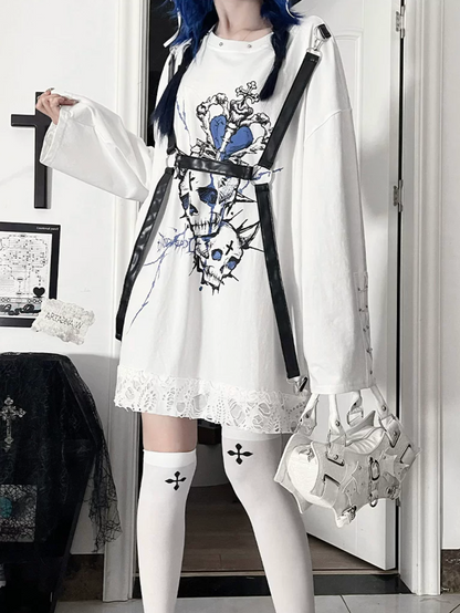 Belt Spliced Subculture Print Long-Sleeve T-Shirt