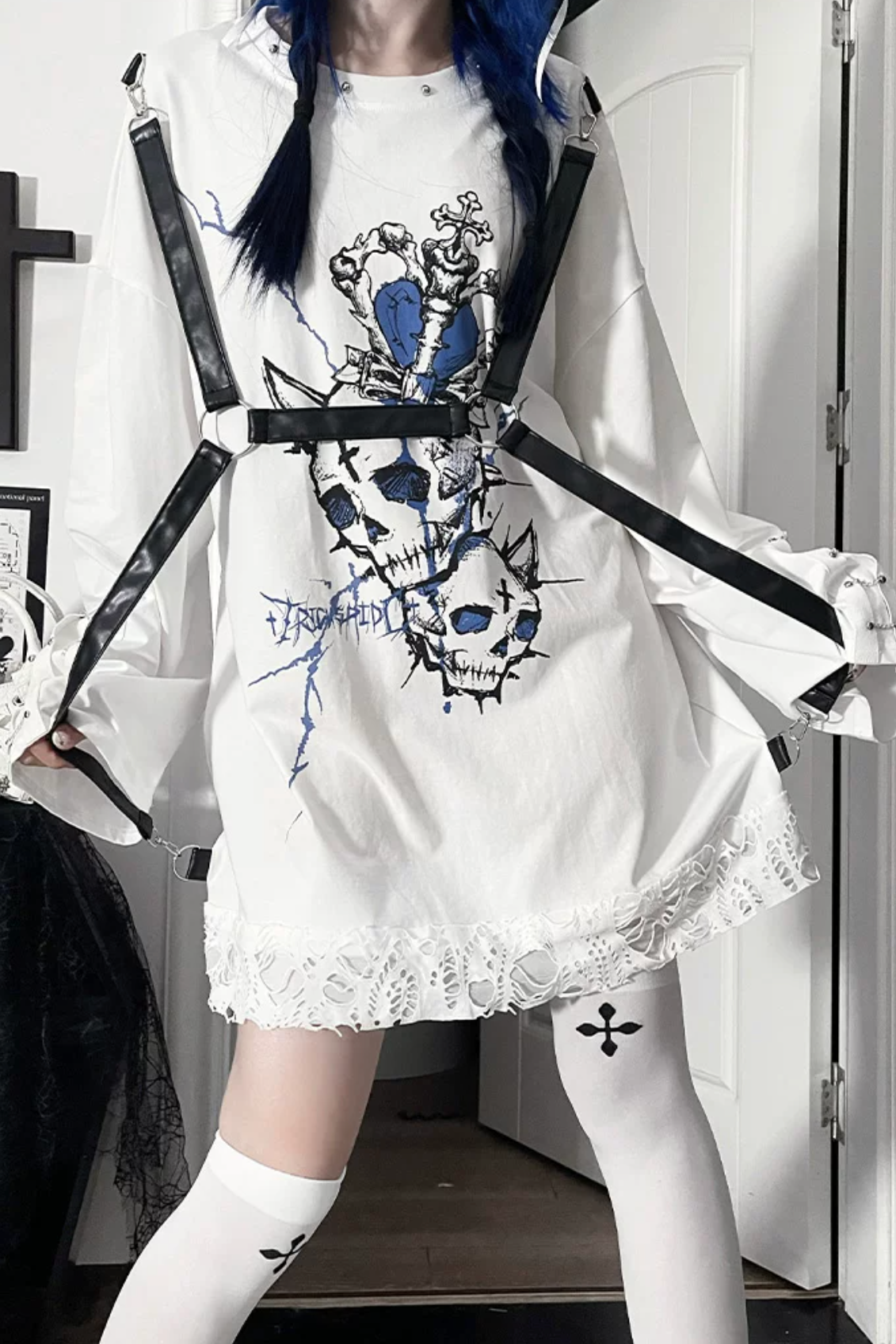 Belt Spliced Subculture Print Long-Sleeve T-Shirt