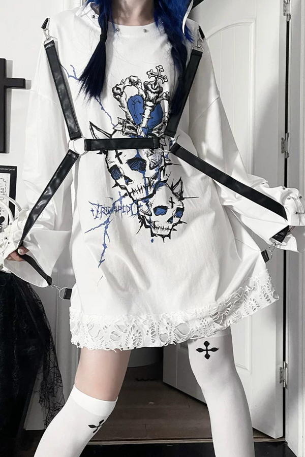 Belt Spliced Subculture Print Long-Sleeve T-Shirt
